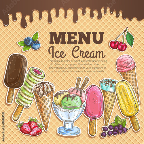 Ice cream menu color sketch on wafer background
