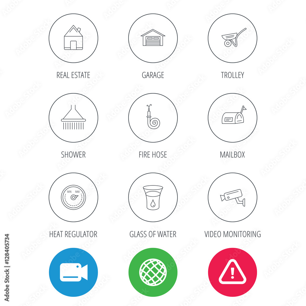 Real estate, garage and heat regulator icons. Trolley, fire hose and mailbox linear signs. Shower, glass of water and video monitoring icons. Video cam, hazard attention and internet globe icons Real estate, garage and heat regulator icons. Trolley, fire hose and mailbox linear signs. Shower, glass of water and video monitoring icons. Video cam, hazard attention and internet globe icons