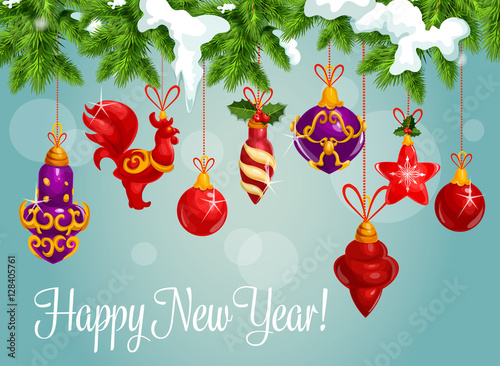 Holiday bauble balls on pine branch
