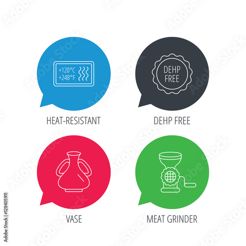 Colored speech bubbles. Meat grinder, vase and heat-resistant icons. DEHP free linear sign. Flat web buttons with linear icons. Vector