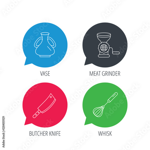 Colored speech bubbles. Meat grinder, butcher knife and whisk icons. Vase linear sign. Flat web buttons with linear icons. Vector