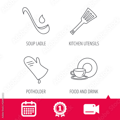 Achievement and video cam signs. Soup ladle, potholder and kitchen utensils icons. Food and drink linear signs. Calendar icon. Vector
