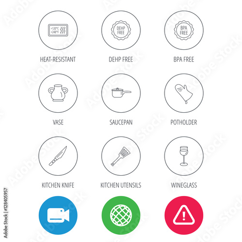 Saucepan, potholder and wineglass icons. Kitchen knife, utensils and vase linear signs. Heat-resistant, BPA, DEHP free icons. Video cam, hazard attention and internet globe icons. Vector