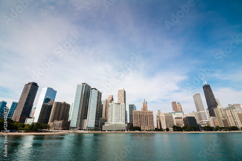 Semi fiisheye wideangle Chicago downtown skyline with skyscrapers seen across Lake MIchegan