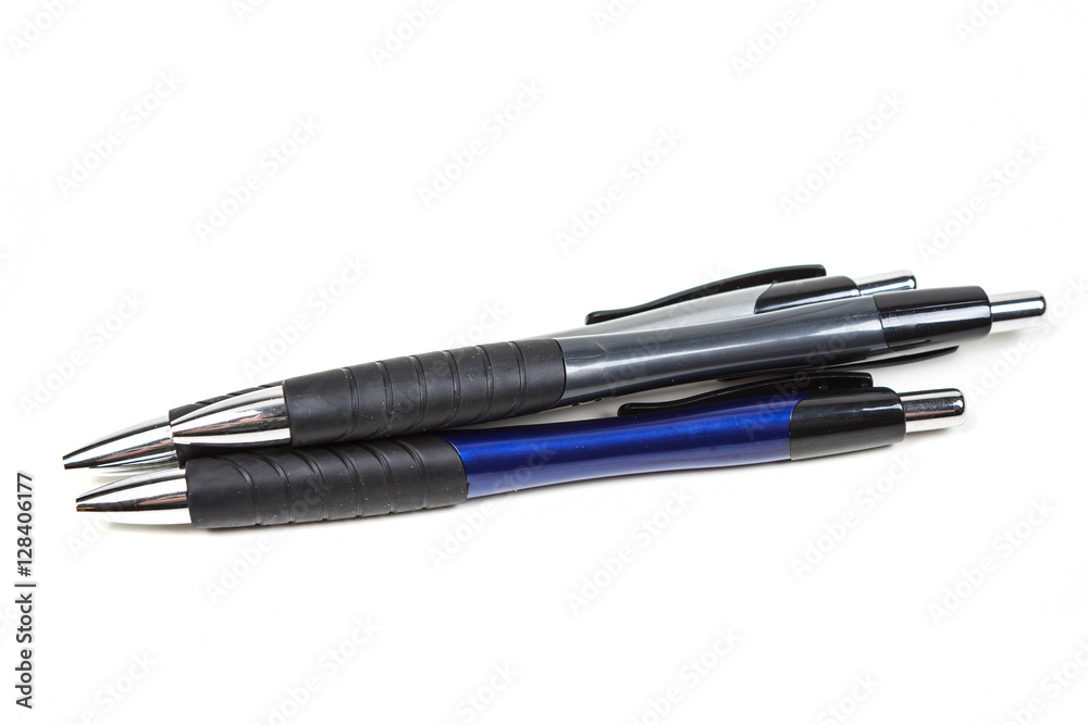 Black and blue writing pens isolated on white background isolated on white background