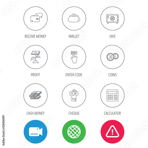 Cash money, safe box and calculator icons. Safe box, cheque and dollar usd linear signs. Profit investment, wallet and coins icons. Video cam, hazard attention and internet globe icons. Vector