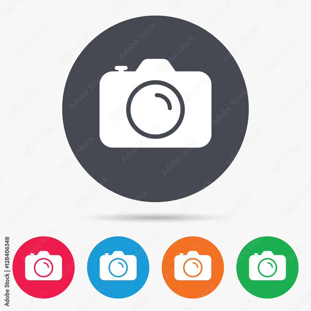 Camera icon. Professional photocamera symbol. Colored circle buttons with flat web icon. Vector Camera icon. Professional photocamera symbol. Colored circle buttons with flat web icon. Vector