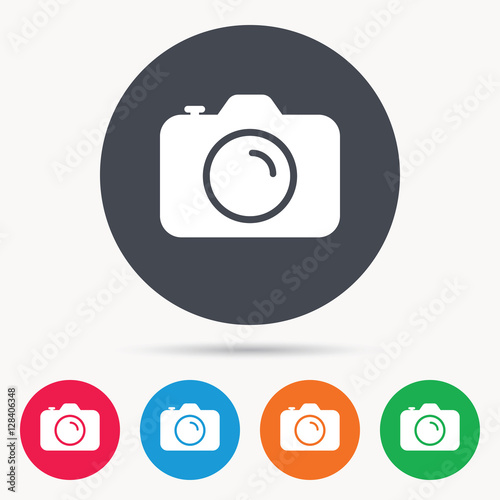 Camera icon. Professional photocamera symbol. Colored circle buttons with flat web icon. Vector