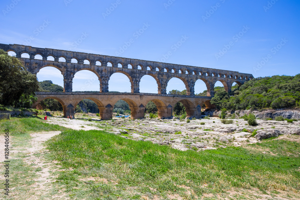 Pont du Gard, a part of Roman aqueduct in southern France near Nimes, South France, Europe;