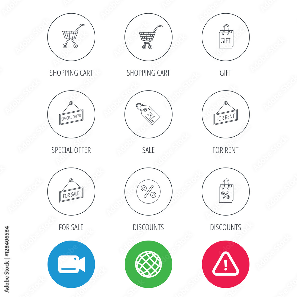 Fototapeta premium Shopping cart, gift bag and sale coupon icons. Special offer label linear signs. Discount icon. Video cam, hazard attention and internet globe icons. Vector