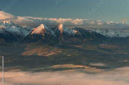 Autumn panorama from Pieniny over Spisz highland to snowy Tatra mountains in the morning, Poland