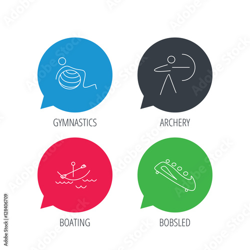 Colored speech bubbles. Gymnastics, boating and archery icons. Bobsled linear sign. Flat web buttons with linear icons. Vector