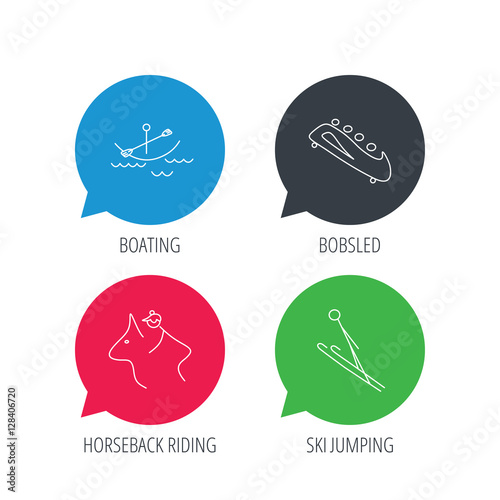 Colored speech bubbles. Boating, horseback riding and bobsled icons. Ski jumping linear sign. Flat web buttons with linear icons. Vector