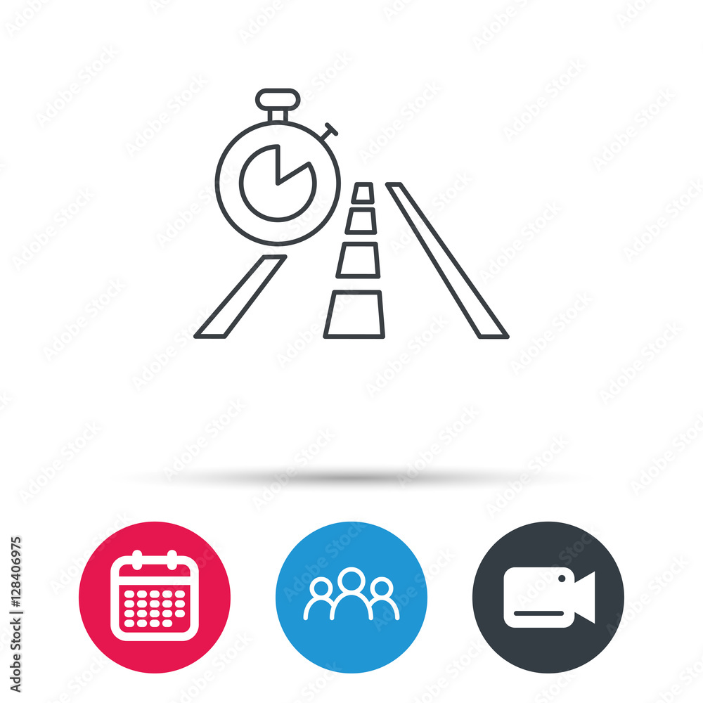 Travel time icon. Road with timer sign. Group of people, video cam and calendar icons. Vector Travel time icon. Road with timer sign. Group of people, video cam and calendar icons. Vector