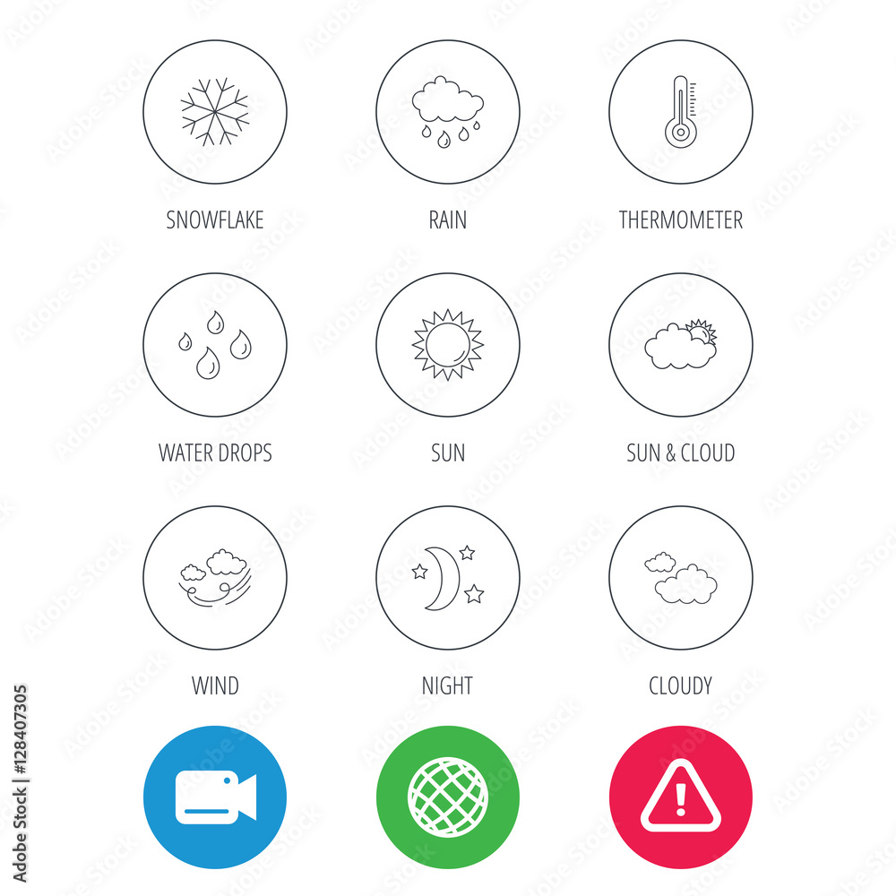 Fototapeta premium Weather, sun and rain icons. Moon night, clouds and water drops linear signs. Wind, snowflakes and thermometer flat line icons. Video cam, hazard attention and internet globe icons. Vector