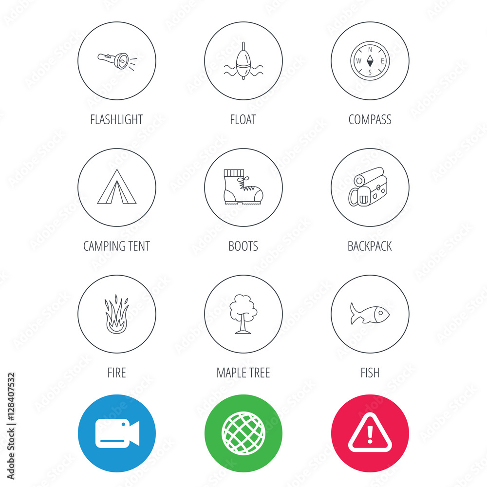 Maple tree, fishing float and hiking boots icons. Compass, flashlight and fire linear signs. Camping tent, fish and backpack icons. Video cam, hazard attention and internet globe icons. Vector