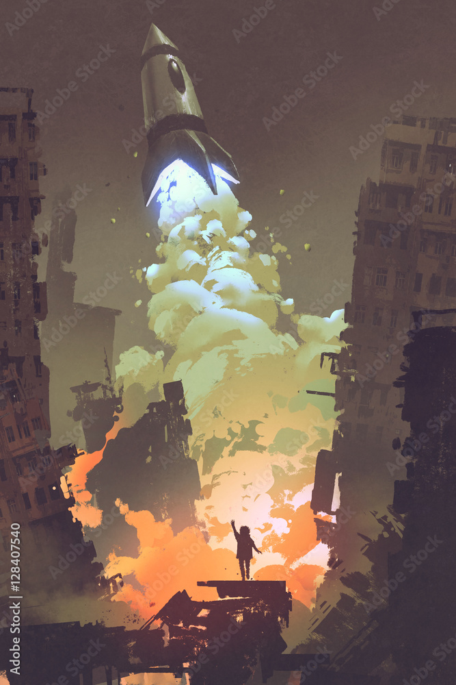 Fototapeta premium kid waving goodbye and standing in front of a space rocket launch take off,illustration painting