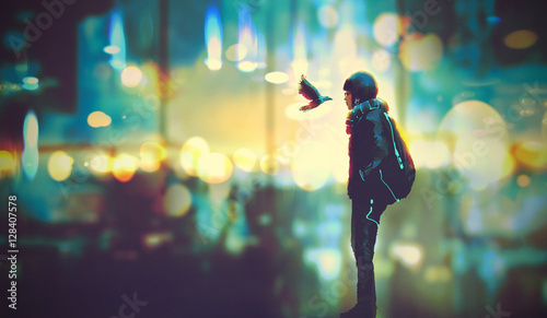 futuristic girl and a bird look each other in the eyes on night city background,illustration painting