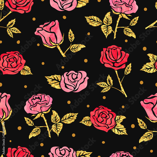 Seamless roses pattern. Vector dark floral background. 