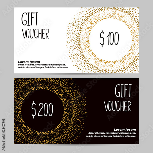 Gift voucher template in golden, black and white colors. Design concept for gift coupon, certificate, flyer, invitation, banner. Vector illustration. 