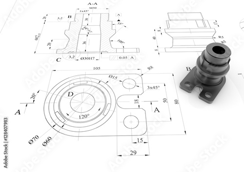 Metallic part positioned on a 2D drawing