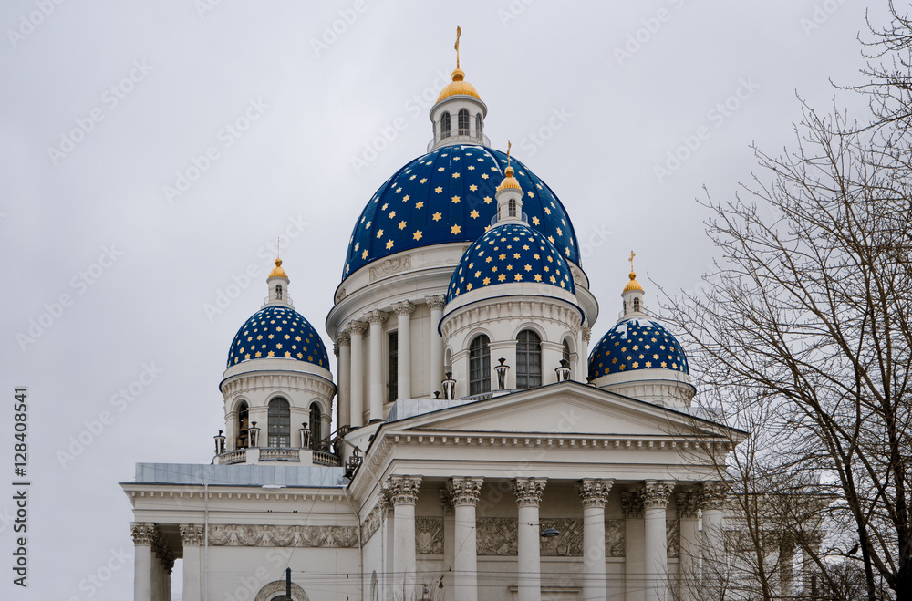 Holy trinity cathedral Saint Petersburg Russia. It has the biggest wooden dome in Europe painted in deep blue with golden stars.