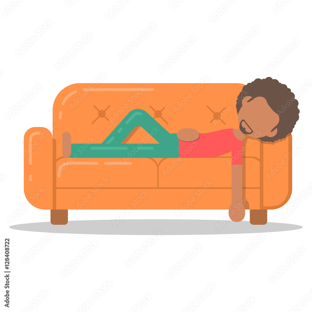 Icon afro man lazy lying on couch in room flat style. Vector logo character  on sofa in cartoon style illustration. Stock Vector | Adobe Stock