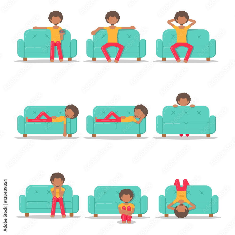 Set icon with afro man in different poses on couch in room flat style.  Bundle vector logo character on sofa in cartoon style illustration. Stock  Vector | Adobe Stock