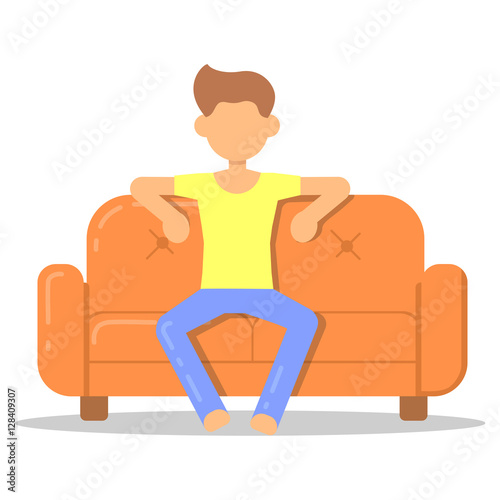 Icon with fashion hairstyle man relax on couch in room flat style. Vector logo character on sofa in cartoon style  illustration.