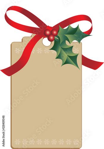 Cardboard Christmas tag with light snowflake border, tied with holly and ribbon, vector