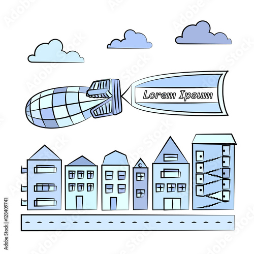 Vector illustration of cityscape with blimp carrying flag. Houses with road, clouds, blimp and flag on white background.