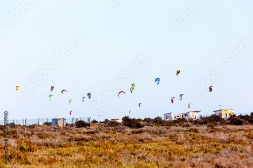 lot of parachutes for Kitebording over the sea in autumn.