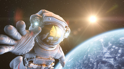 Handdoek met foto Jongenskamer Astronaut in oneindige kosmos  © lexaarts