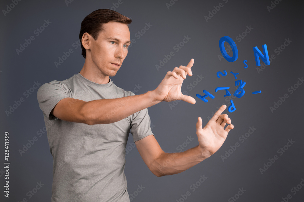Man working with a set of letters, writing concept. Man working with a set of letters, writing concept.