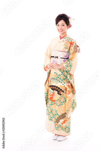 attractive asian woman wearing kimono isolated on white background