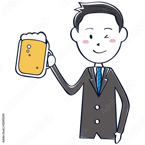 かわいい　さわやかビジネスマン　線画　短髪黒髪 上半身　乾杯
