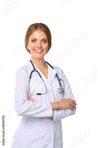 Portrait of young woman doctor with white coat standing