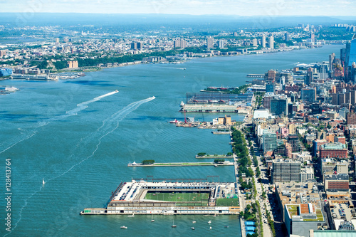 Aerial view of the Hudson River dividing New York City from New Jersey