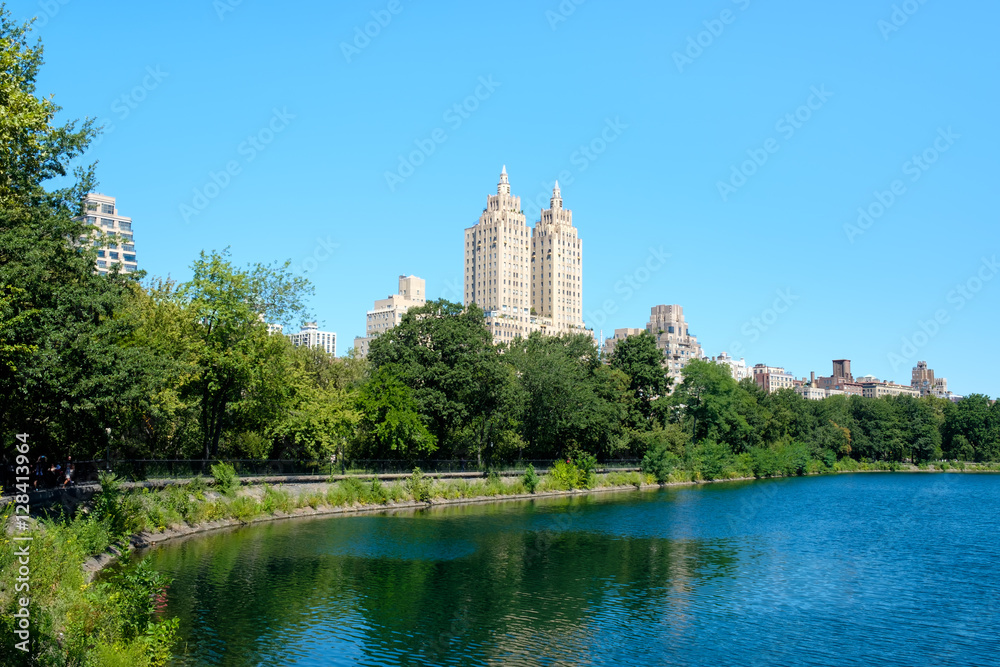 View of Central Park in New York with the Jacqueline Kennedy reservoir and the Central Park West skyline