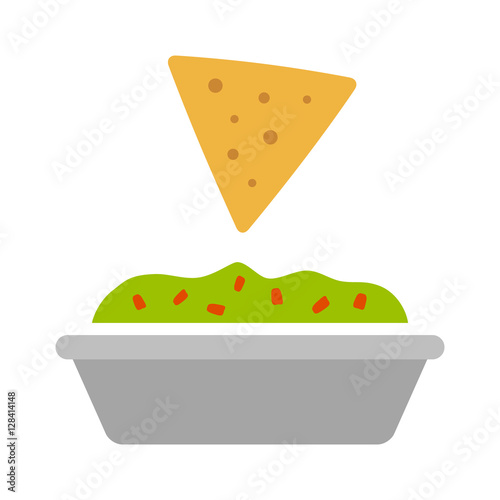 Tortilla chip or nachos tortillas with guacamole dip bowl flat color icon for apps and websites