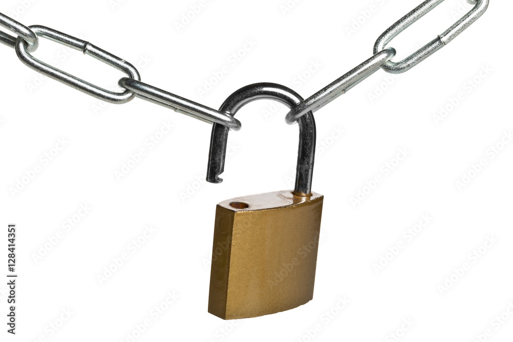 Open brass padlock connecting two chains over white background Open brass padlock connecting two chains over white background