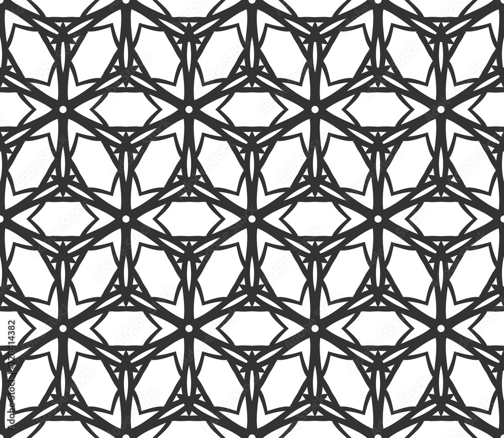 Fototapeta premium Monochrome geometric seamless pattern. Black and white ethnic, arabic, islam ornament. Modern repeat hexagonal tiles. Vector seamless pattern for wallpaper, fill, web page background, surface textures