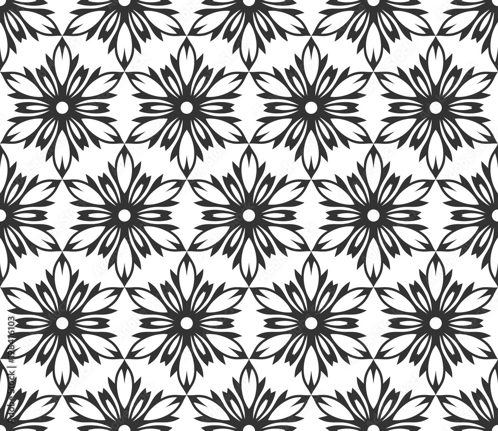 Monochrome geometric seamless pattern. Black and white ethnic, arabic, islam ornament. Modern repeat hexagonal tiles. Vector seamless pattern for wallpaper, fill, web page background, surface textures Monochrome geometric seamless pattern. Black and white ethnic, arabic, islam ornament. Modern repeat hexagonal tiles. Vector seamless pattern for wallpaper, fill, web page background, surface textures