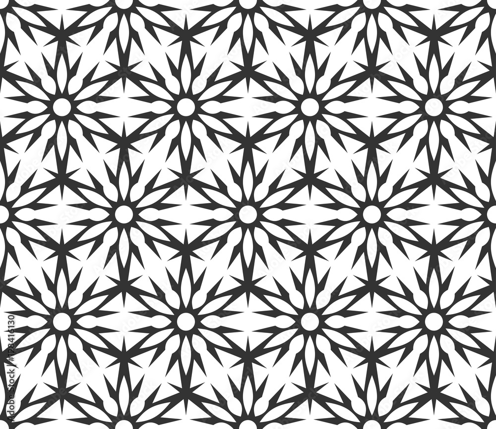 Monochrome geometric seamless pattern. Black and white ethnic, arabic, islam ornament. Modern repeat hexagonal tiles. Vector seamless pattern for wallpaper, fill, web page background, surface textures Monochrome geometric seamless pattern. Black and white ethnic, arabic, islam ornament. Modern repeat hexagonal tiles. Vector seamless pattern for wallpaper, fill, web page background, surface textures