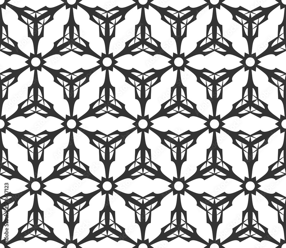 Naklejka premium Monochrome geometric seamless pattern. Black and white ethnic, arabic, islam ornament. Modern repeat hexagonal tiles. Vector seamless pattern for wallpaper, fill, web page background, surface textures
