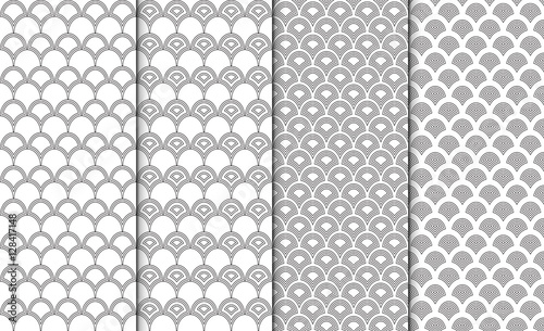 Collection of simple linear black and white geometric pattern textures. Set of 4 backgrounds. Seamless repeating chinese style texture set.