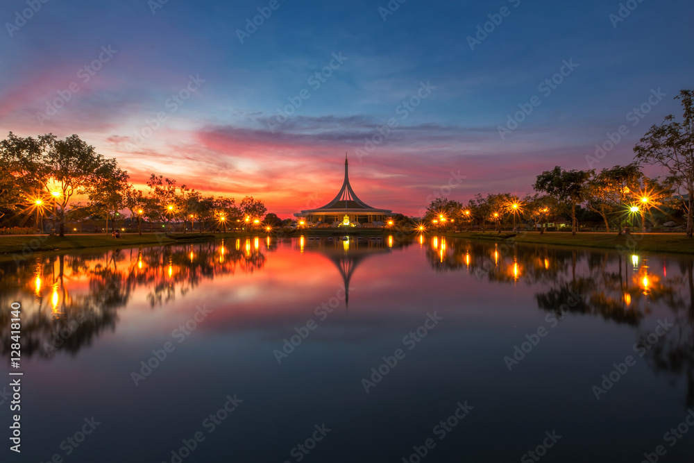 Twilight and reflection at Public Park in Bangkok Thailand Cityscape