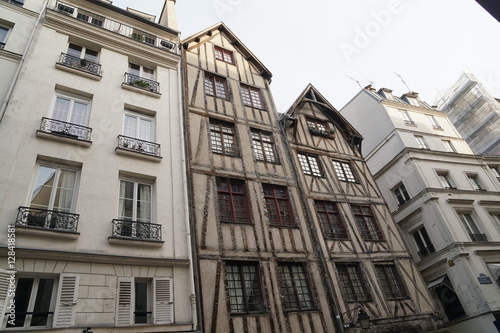 Sticker Paris, France-November 27,2016:medieval timberwork houses at Rue Francois Miron