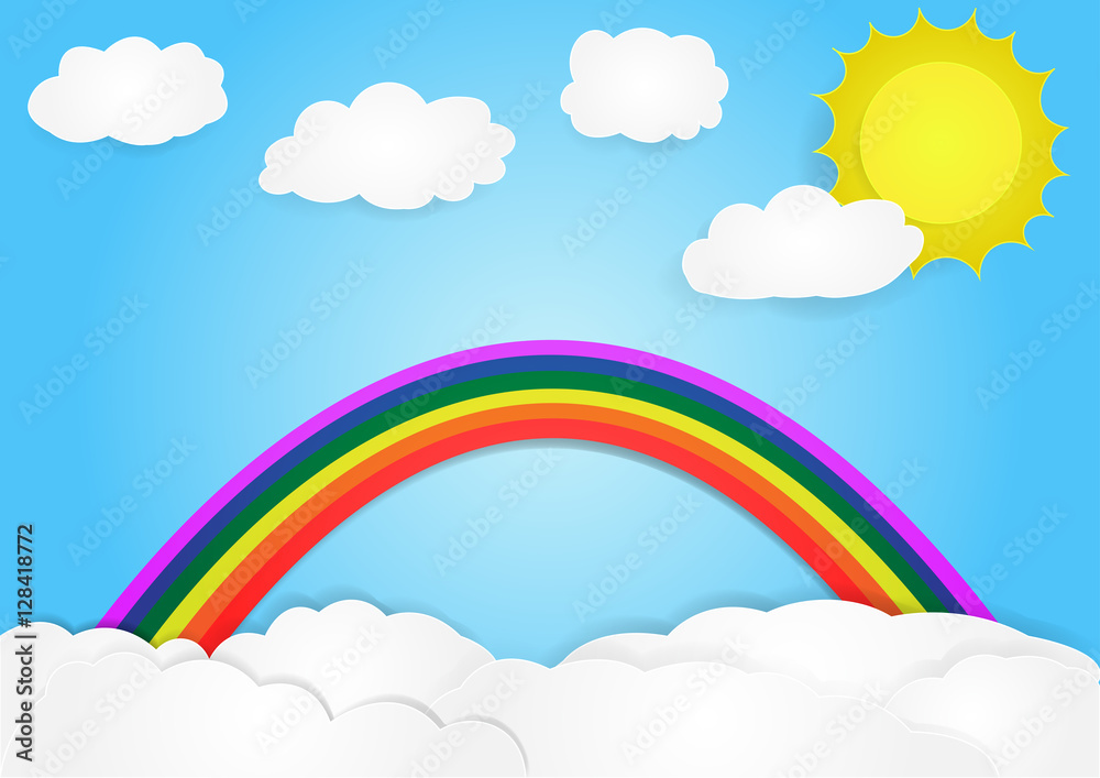 rainbow on cloud, vector, copy space for text, illustration, paper art and origami style, children book cover