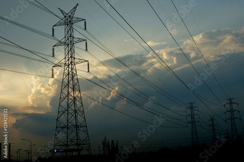Silhouette of electricity post in the evening 